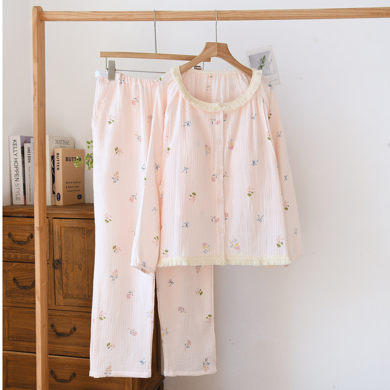 Maternity Pajamas for Spring and Autumn, Sweet Princess Style, Long-Sleeved, Pure Cotton Gauze, Can Be Worn Outside, with Chest Pads, Postpartum Clothing Set, Wholesale Maternity Pajamas for Spring and Autumn, Sweet Princess Style, Long-Sleeved, Pure Cotton Gauze, Can Be Worn Outside, with Chest Pads, Postpartum Clothing Set, Wholesale