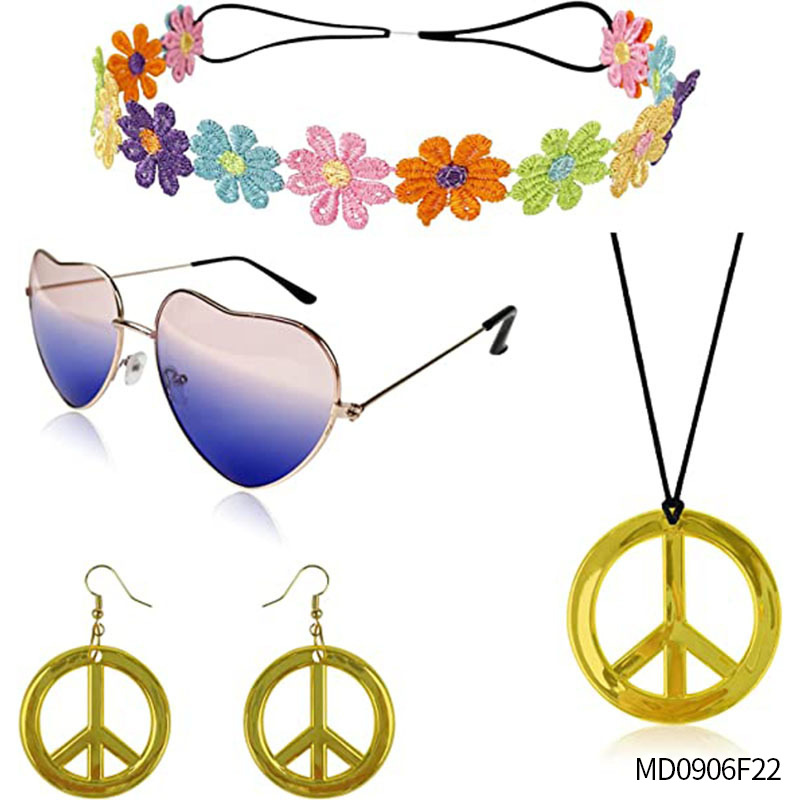 Accesorios de vestir hippies de la década de 1960, diadema de girasol, gafas redondas, conjunto de aretes de collar de talismán de paz