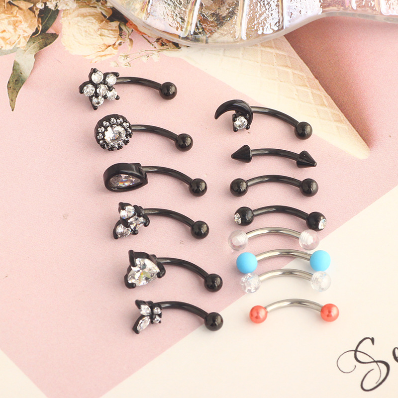 Heart-Shaped CZ Eyebrow Ring Stainless Steel Universal Eyebrow Piercing Jewelry Black 18K Gold Plated detail image 10