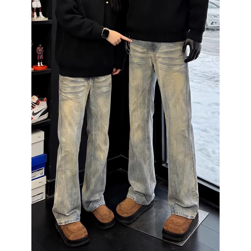 American Retro Style Whiskered Bamboo Pattern Jeans for Men, Slim Fit, Narrow Straight-Leg Pants, Slightly Flared, Couple's Long Pants American Retro Style Whiskered Bamboo Pattern Jeans for Men, Slim Fit, Narrow Straight-Leg Pants, Slightly Flared, Couple's Long Pants