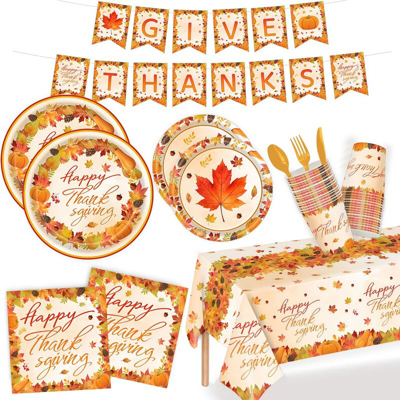 Maple Leaf Thanksgiving New Party Plate Decorations Harvest Festival Pumpkin Arrangement Disposable Paper Plates, Napkins, Tablecloth