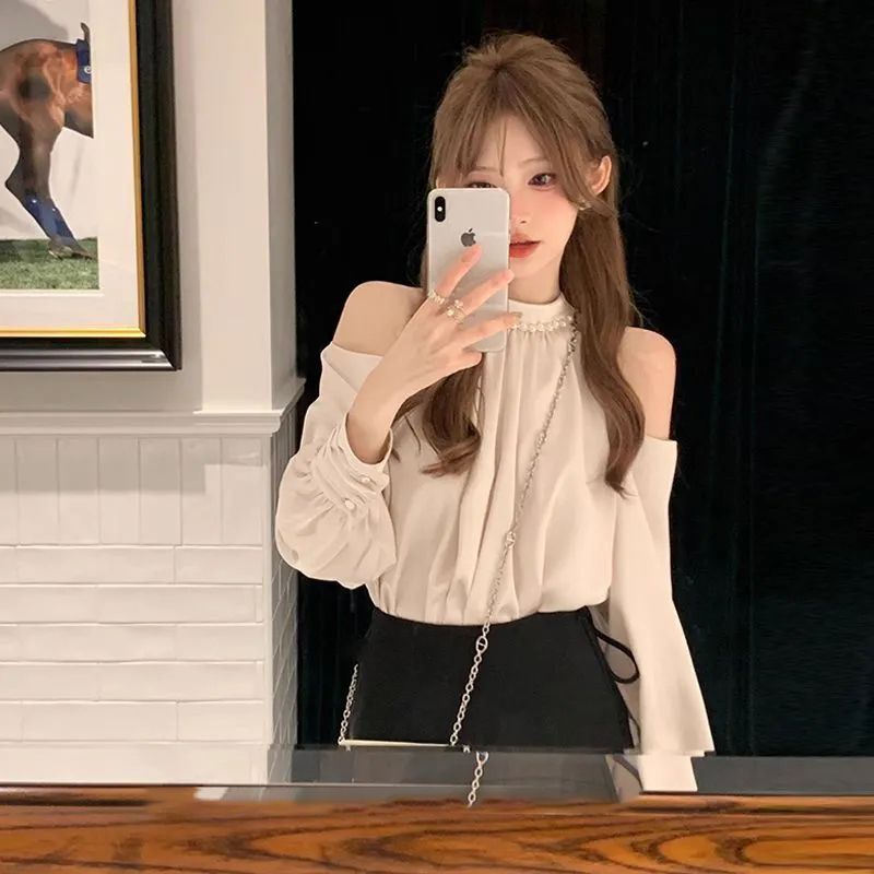 2025 Spring and Autumn New Off-Shoulder Blouse for Women with Unique Design, Stylish and Distinctive Halter Neck Shirt