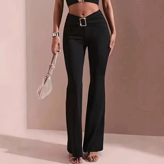 欧美女士新款时尚性感纯色方扣腰带修身高腰微喇休闲裤长裤显瘦