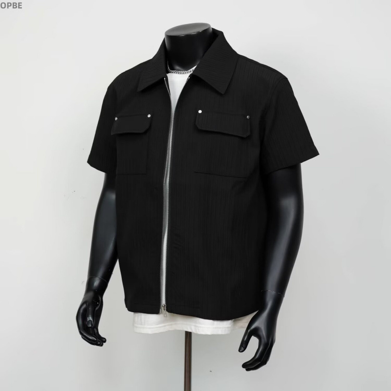 American Retro Double Zipper Rivet Short-Sleeved Shirt Men's Summer Design Cleanfit Handsome Shirt Three-Quarter Sleeves American Retro Double Zipper Rivet Short-Sleeved Shirt Men's Summer Design Cleanfit Handsome Shirt Three-Quarter Sleeves