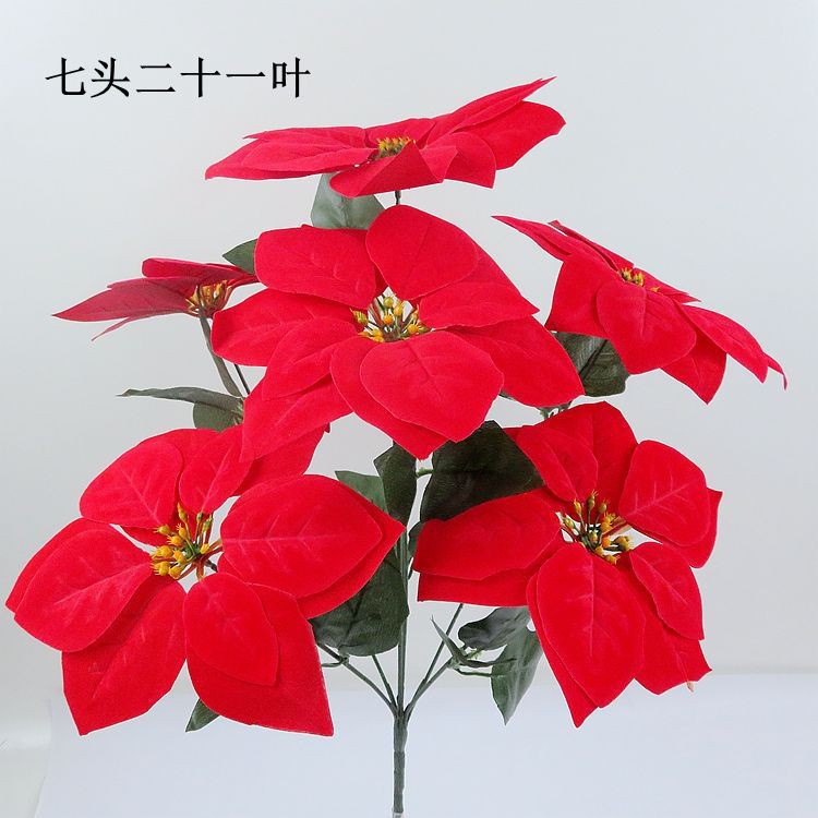 Navidad decoración Poinsettia flor artificial salón decoración en maceta Flor de seda roja franela ramo de flores de plástico