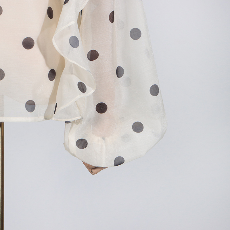 Australian Show Polka Dot Set Women Trendy Scarf Collar Ruffled Shirt Top Long Skirt Sets