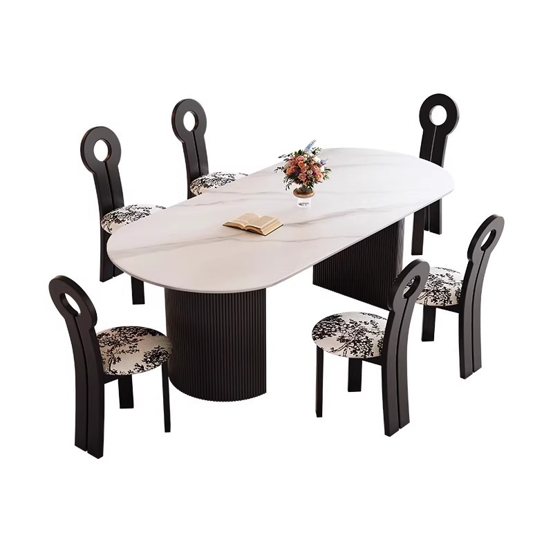 Mesa de comedor de roca medieval francesa estilo pequeño estilo retro lujo ligero hogar negro retro mesa de comedor ovalada silla