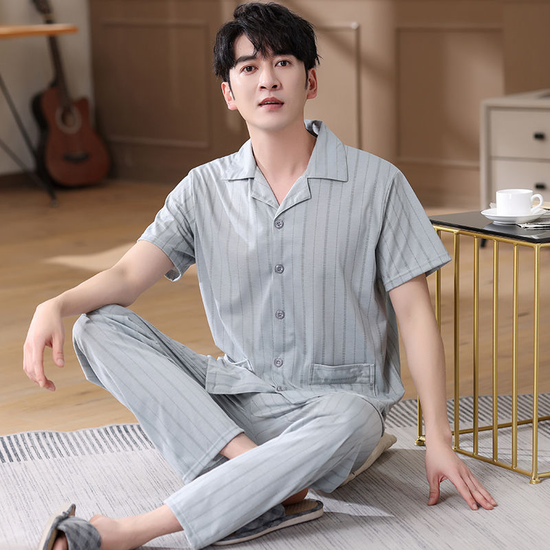 Pijamas de verano de algodón, pantalones largos de manga corta delgados y sueltos más grandes para padres de mediana edad, set de ropa de casa