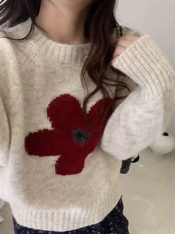 韩系花朵提花圆领毛衣女2025秋冬宽松洋气短款套头毛针织衫上衣潮|undefined