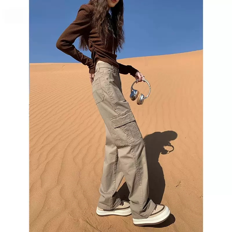 美式窄版阔腿工装裤女2025年新款卡其色秋冬直筒显瘦牛仔休闲裤子