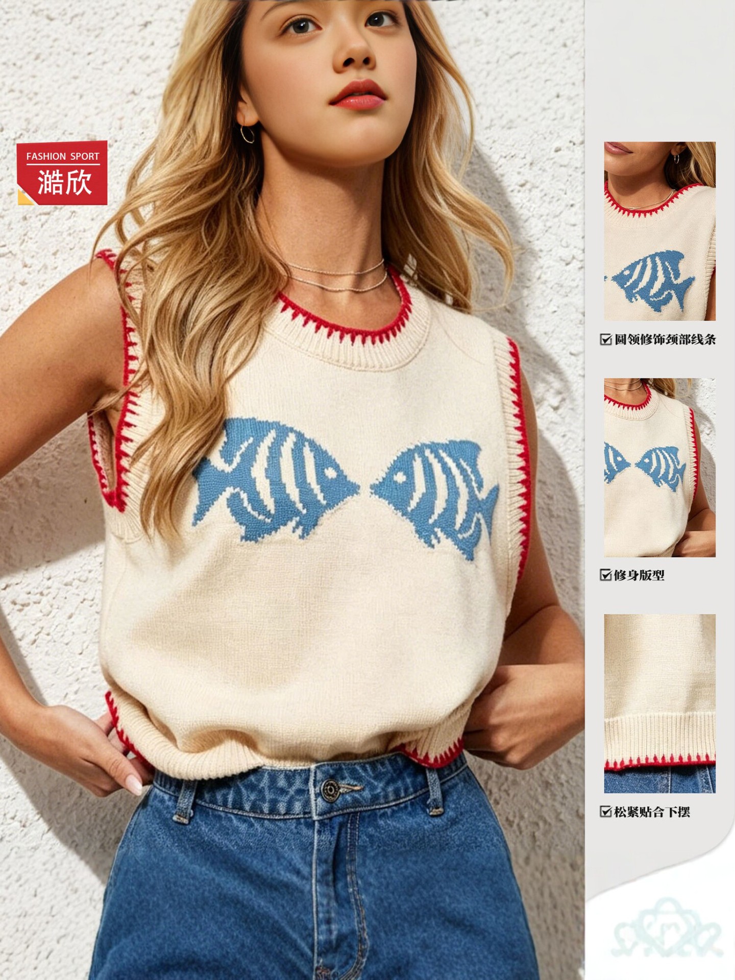 2026 Nieuwe Europese en Amerikaanse Stijl Gebreid Mouwloos Vest Dames Ronde Hals Visvormige Print Slim Fit Veelzijdige Mode top