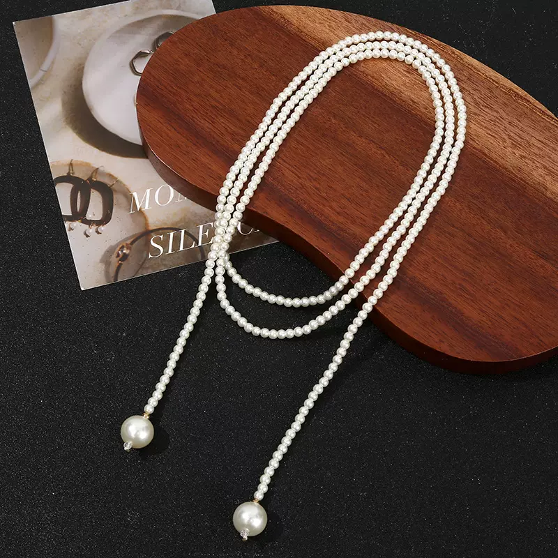 跨境长款多功能珍珠毛衣链 简约纯白色出街混搭叠戴长款珍珠项链