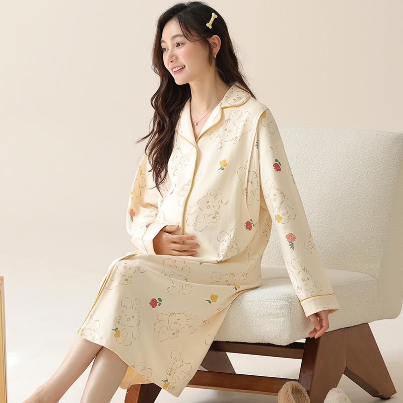 Luna Dress Nightdress Spring and Summer Postpartum Breastfeeding Long-sleeved Breastfeeding Dress for Delivery Dress Fashion Casual Cardigan Large Size Pregnant Women