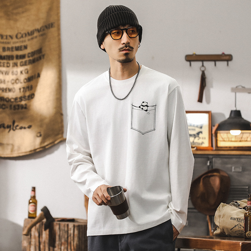 American Style Trendy Brand Heavy T-Shirt Men's Long Sleeve Autumn Loose Cute Fun Panda Printed Top Simple Base Shirt