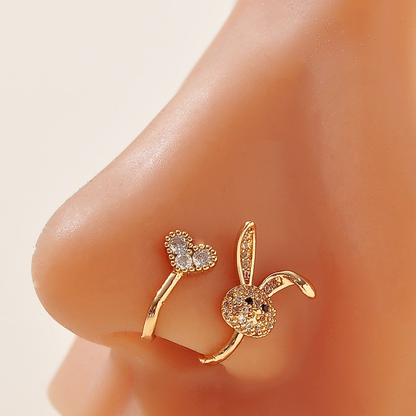 Diamond Studded Heart Rabbit Nose Ring Set Fashion Jewelry_voghion.com
