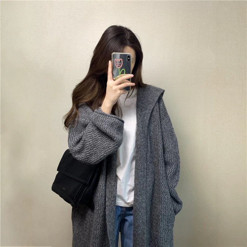 Wool Korean-style casual rainbow mid-length hooded sweater coat for women, autumn, elegant, loose, gray