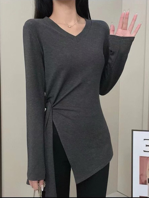 大码胖mm不规则开叉系带中长款长袖T恤女新款秋修身显瘦正肩上衣|undefined