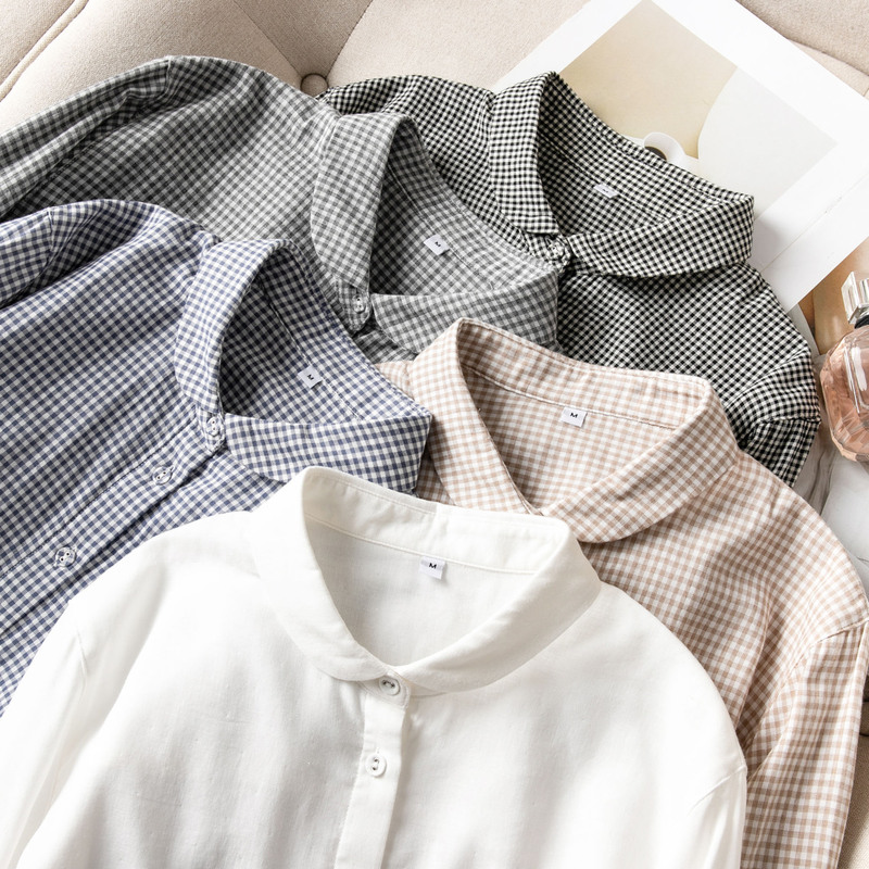 Foreign Trade Japanese-Style Double-Layer Gauze Pure Cotton Buttoned Mandarin Collar Long-Sleeve Shirt Top for Women