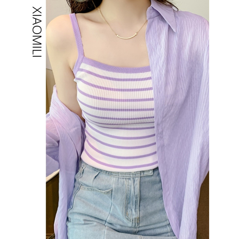 French Color Stripe Round Neck Camisole Women's Spring New Slim-fit Slimming Knitted Sleeveless Top Base Shirt