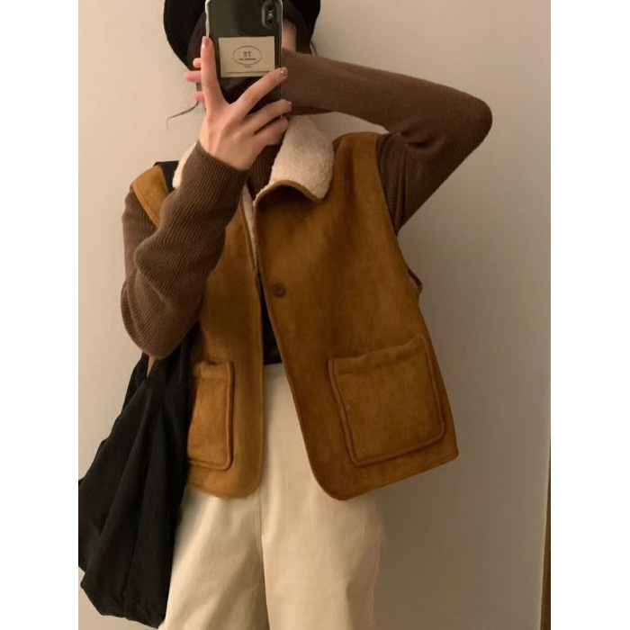 Meilad coreano estilo de moda de piel de ciervo chaleco de invierno nuevo interior de lana de cordero hombre pequeño hombro