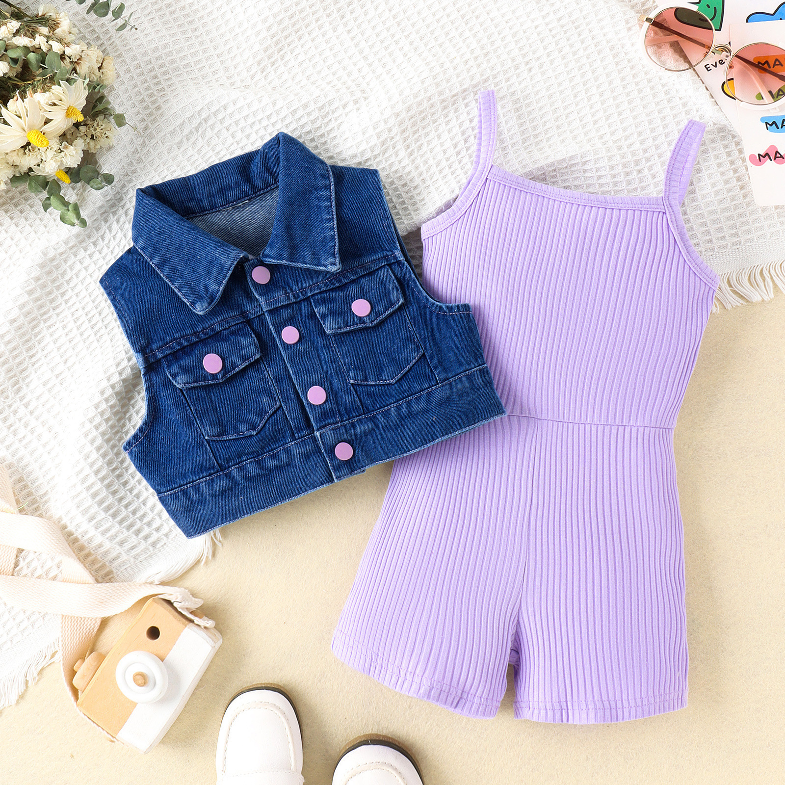 208g Weight Kids Clothing Sets Children's Clothing Type Sleeveless Sleeve Length Polyester Fabric Type Shorts Sets Sets Type 2 Pieces Set Quantity Daily Occasion Turndown Neckline Comfort Function Regular Fit Fit Type Solid Color Pattern Summer, Spring Season Girl'S Gender Casual Style Casual Solid Color Polyester Girls Clothing Sets 21