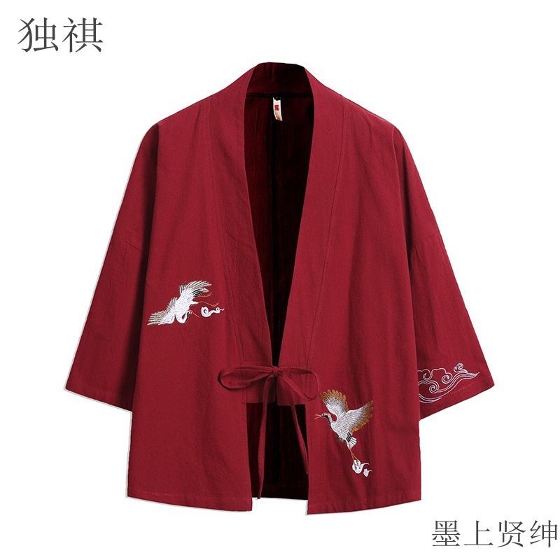 Spring/Summer Chinese Style Crane Embroidered Kimono Cardigan for Men, Trendy Ancient Style Japanese Loose Taoist Robe Jacket for Men, Hanfu