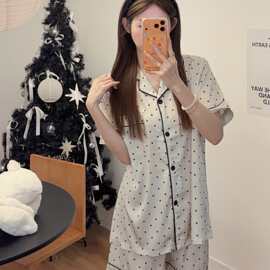 夏季冰雪丝波点睡衣女 翻领开衫短袖短裤宽松家居服套装