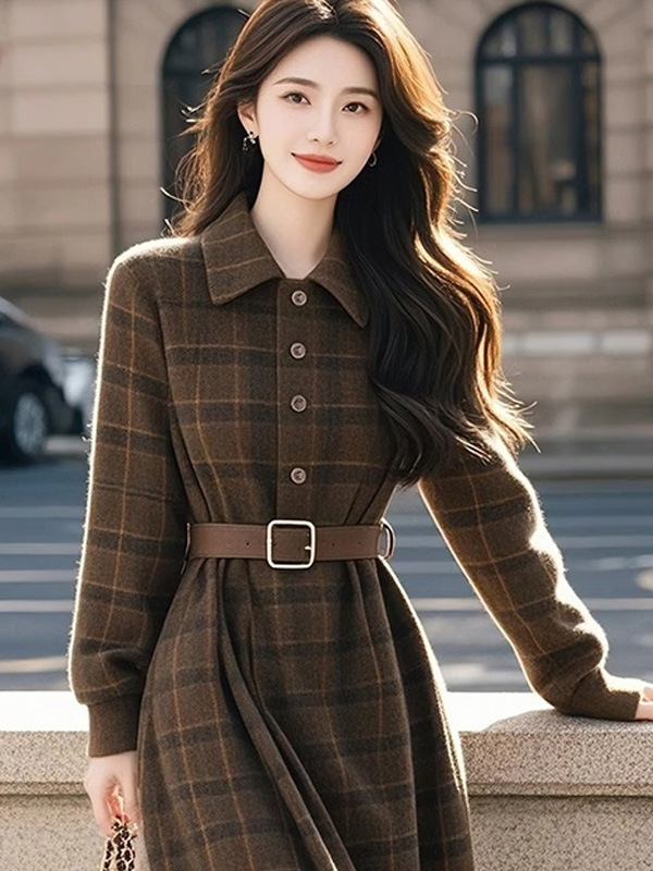 今年流行美拉德千金长裙气质轻奢高级感小香风格纹连衣裙女秋季|undefined