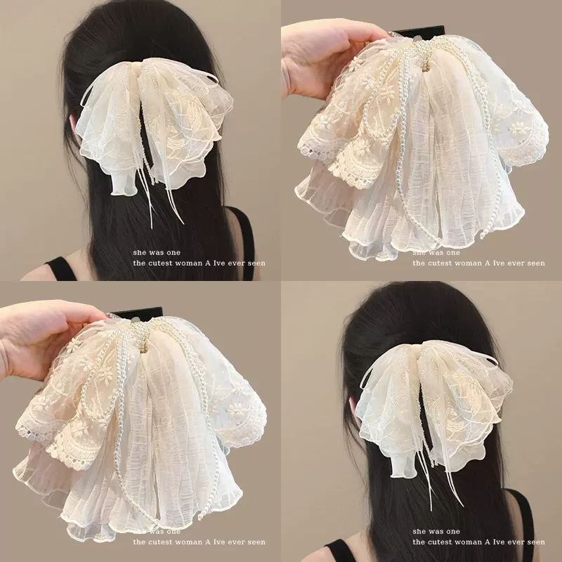 刺绣蕾丝蝴蝶结马尾夹抓夹女高级感珍珠发夹后脑勺半扎发头饰发卡