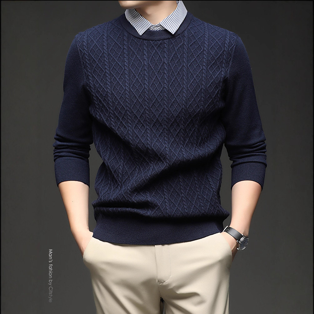 Falso de dos piezas Jacquard hombre otoño invierno nueva camiseta de manga larga camiseta de moda casual cuello cálido suéter base