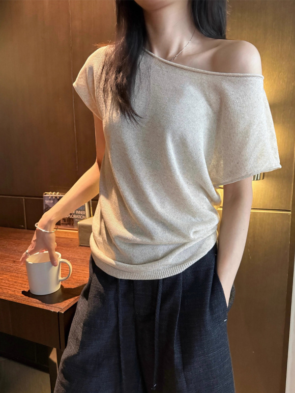 ワンピースツーウェア半袖Tシャツレディース夏オフショルダーロールエッジ斜め肩ニットトップ|undefined