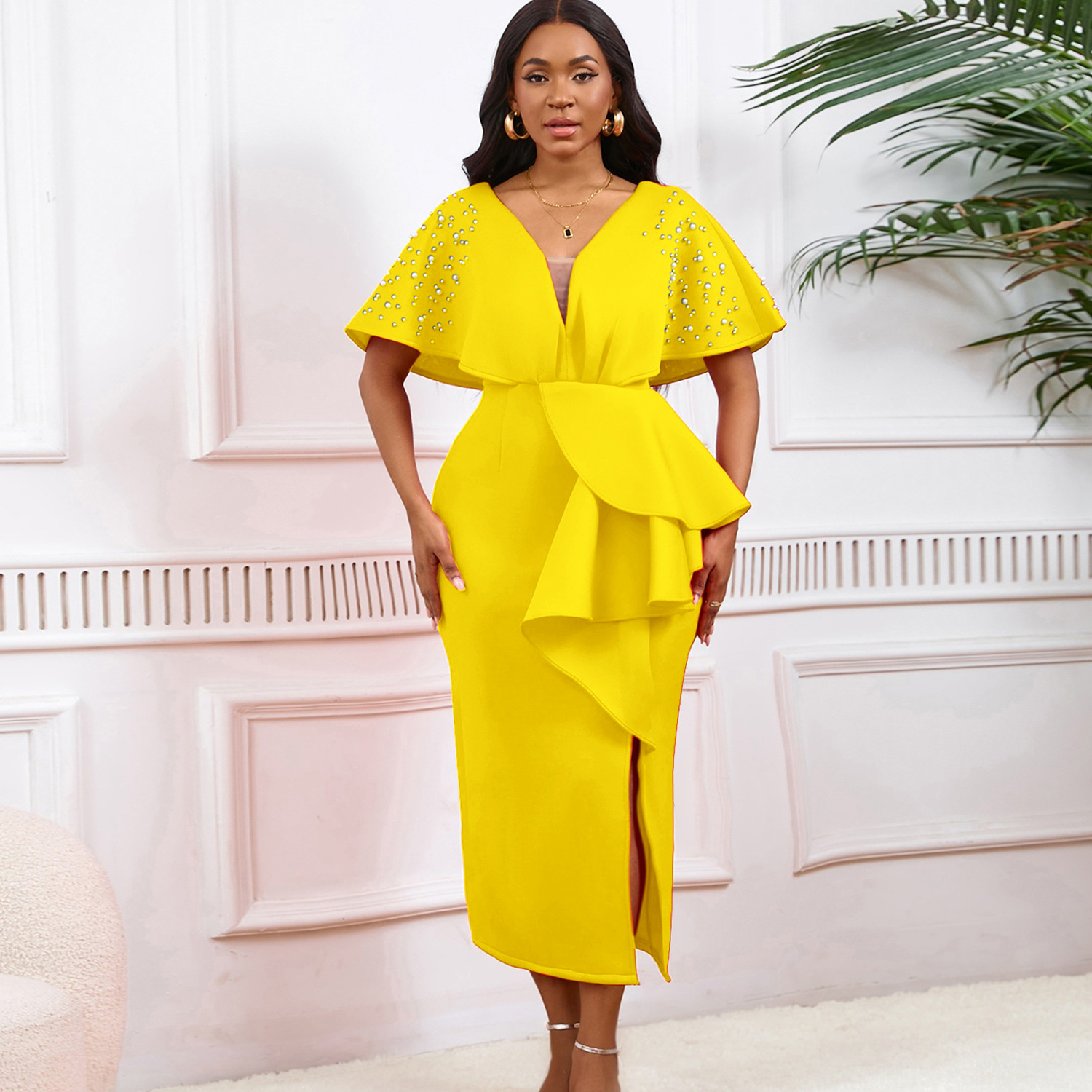 Robe de soirée sexy à col en V et à volants avec fente perlée, robe de banquet de tempérament de célébrité_voghion.com