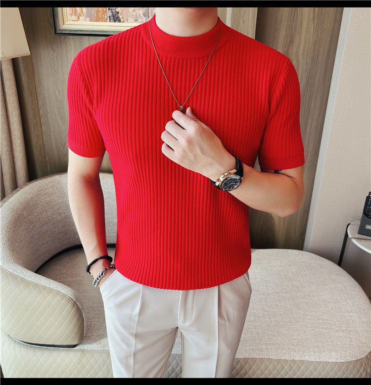 Herren Schwarz Hochgeschlossener Kurzarm Strickpullover Slim Fit_voghion.com