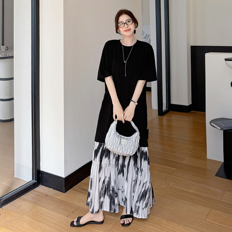 2026 Summer New Style Extended Length Plus-Size Korean Version Slimming High-End Short-Sleeve Dress with Ink Wash Pattern Hem