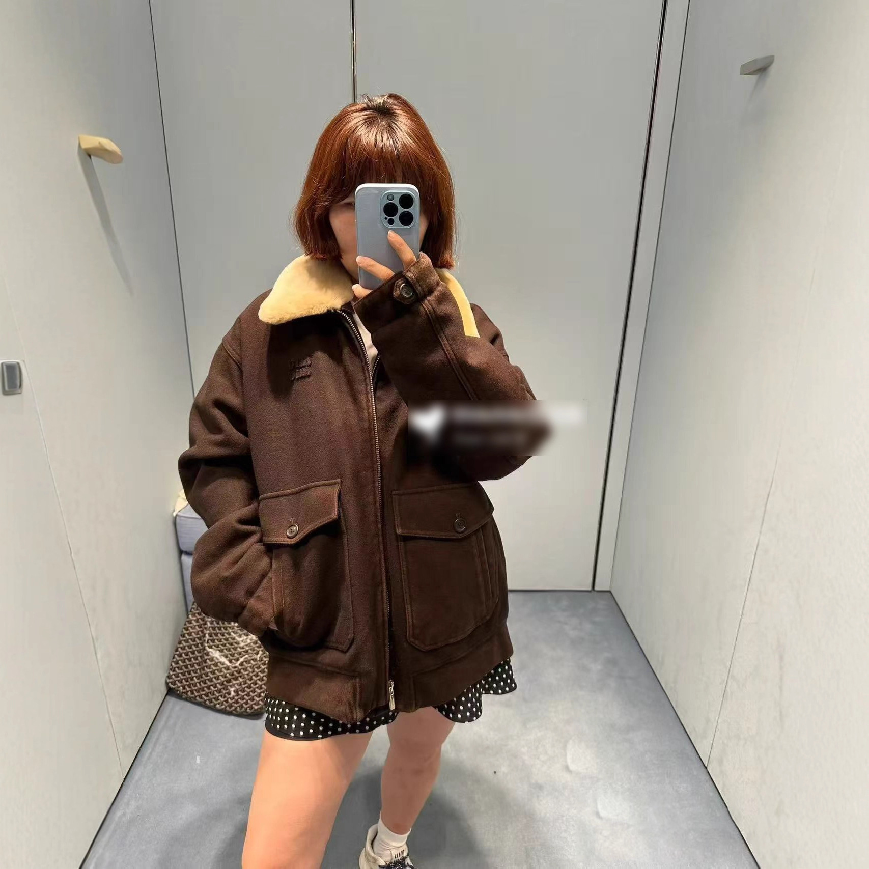 南油女装Miu系2025秋冬貂毛翻领鹿皮绒夹克女美拉德夹棉衣服外套