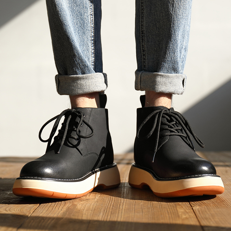 Men's big head leather shoes High top men's shoes winter plus fleece work boots casual British ankle boots men's big yellow boots_voghion.com