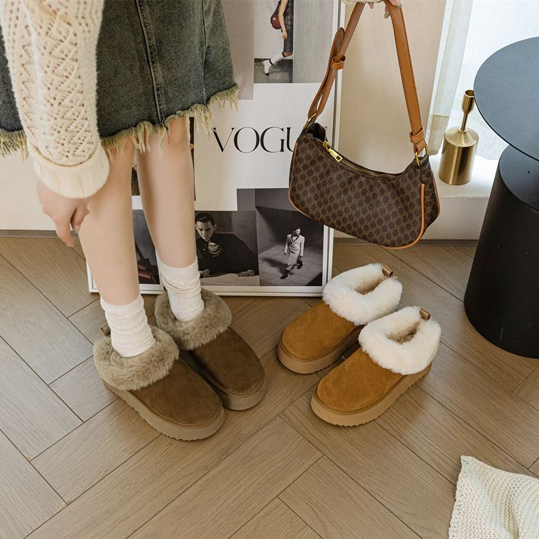 真皮真皮厚底增高雪地靴女2025冬新款加绒低帮一脚蹬半拖毛毛棉鞋