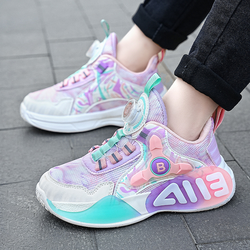 Girls' Shoes Spring and Autumn 2025 New Children's Sports Basketball Shoes Mesh Breathable Rotating Button Girls Running Shoes