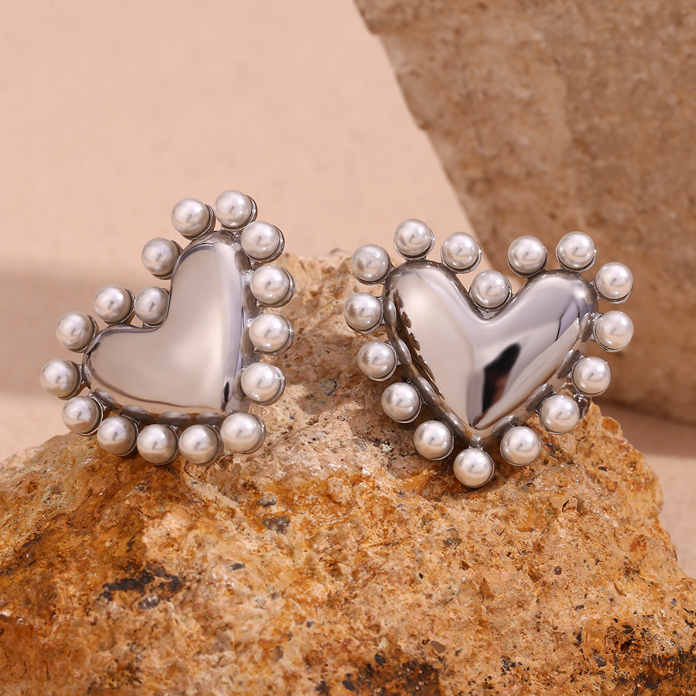 Stainless Steel Love Pearl Inlaid Earrings