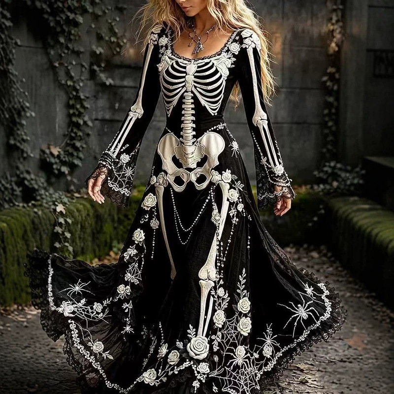 2026 Autumn European and American Court Style Long-Sleeved Fun Big Hem Dress Halloween Bell Sleeve Long Dress 2026 Autumn European and American Court Style Long-Sleeved Fun Big Hem Dress Halloween Bell Sleeve Long Dress