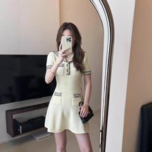 海军领黑白条纹短袖针织鱼尾高级感连衣裙气质修身显瘦百搭针织裙