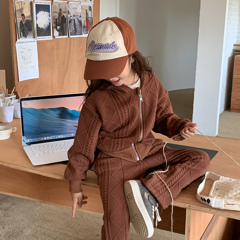 Set da due pezzi moda autunno bambina nuova bambina coreana lavorata a maglia a maniche lunghe con spacco e pantaloni svasati_voghion.com