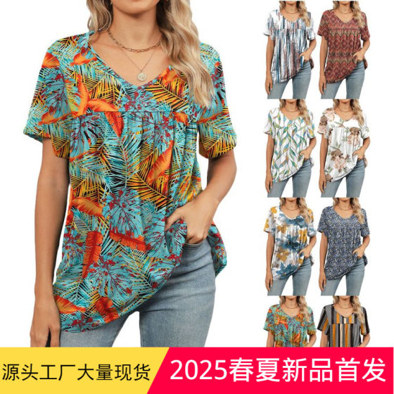 Amazon Independent Station Europe and America Cross-border Foreign Trade 2025 Spring and Summer New V-Neck Printed Short-sleeved T-shirt Pleated Top for Women