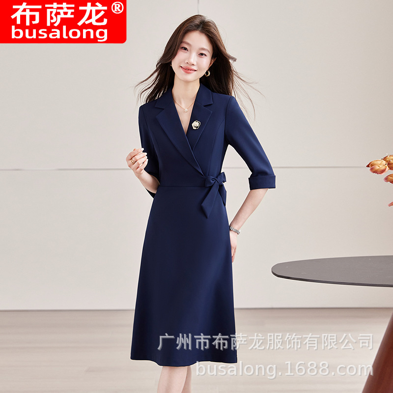 2026 New Style Suit Collar Dress for Women, Mid-Sleeve, Waist-Cinching, Elegant Professional Dress, Workwear, Slimming Effect 8280