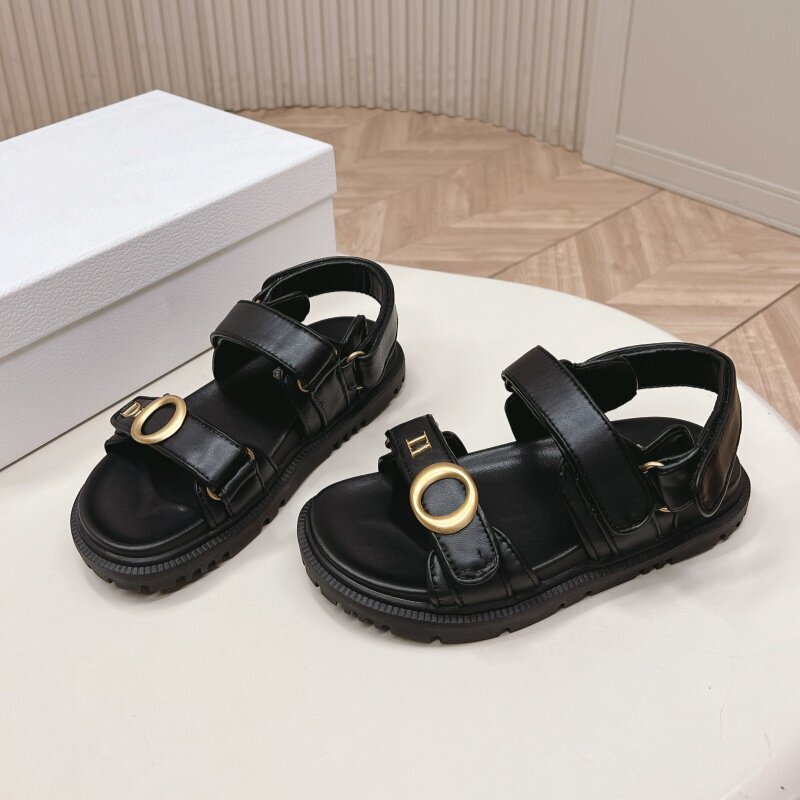 2026 Summer New Style Black Double-Strap Velcro Sandals for Women Thick-Soled Casual Beach Shoes with Metal Letter Decoration 2026 Summer New Style Black Double-Strap Velcro Sandals for Women Thick-Soled Casual Beach Shoes with Metal Letter Decoration