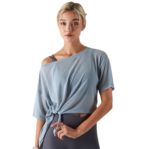 Airun's new one-word collar loose ice silk feel breathable large size yoga short-sleeved top women's sports fitness T-shirt