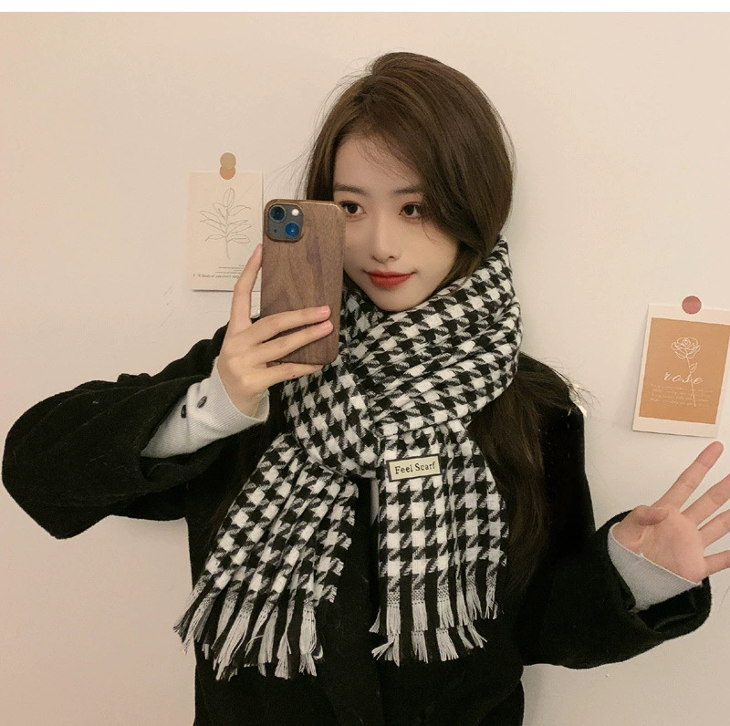 Элегантный шарф, женский зимний теплый вязаный клетчатый шарф в Корейском стиле с кисточками контрастного цвета, студенческий шарф в ломаную клетку