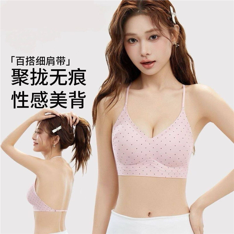 Seamless Halter Neck Bra for Women, Cross-Back Design, Small Chest Gathering, Thin Style, Wireless, Side Breast Support, Thin Straps, Polka Dot Bra Seamless Halter Neck Bra for Women, Cross-Back Design, Small Chest Gathering, Thin Style, Wireless, Side Breast Support, Thin Straps, Polka Dot Bra