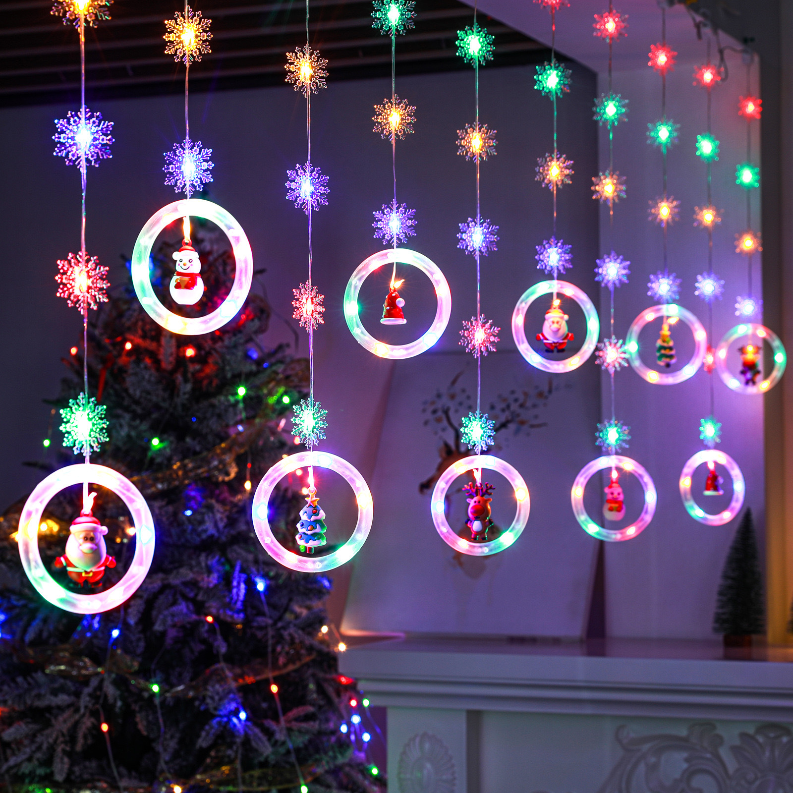 Decoración de ventanas de Navidad lámpara de colgante Santa Claus árbol de Navidad anillo de luz de modelado LED cadena de lámpara de cortina de dormitorio