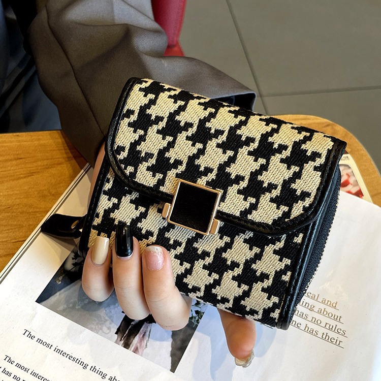 Women's Houndstooth Pattern Short Card Holder Multi Card Slot Wallet Tri Fold Design Bank Card Coin Purse High End Feel_voghion.com